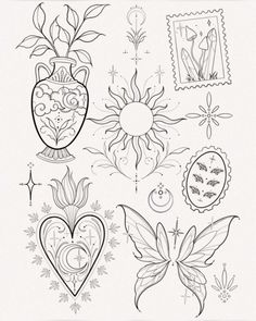 an image of tattoos with flowers and hearts on them, including sunflowers in vases