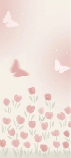 pink flowers and butterflies flying in the sky