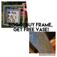 a hand holding up a photo frame with the words dog buy frame, get free vase