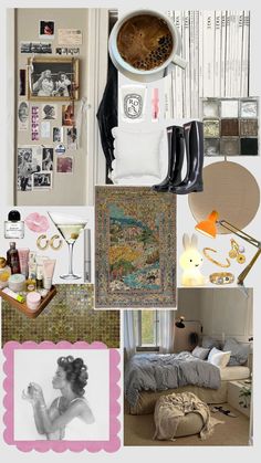 a collage of photos with various items in the room and on the wall above them