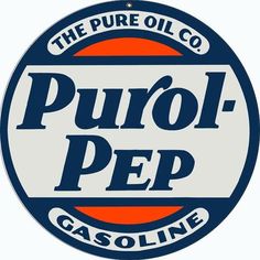 the pure oil co logo is shown in blue, orange and white on an oval sticker