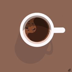 a cup of coffee on a brown background with the shadow of a cookie in it