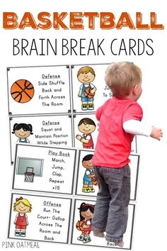 an image of a child playing basketball with the words, brain break cards