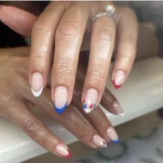 Nail Ideas For Fourth Of July, Fourth Of July French Tip Nails Almond, Short Almond Nails Fourth Of July, White French Tip 4th Of July Nails, Forth Of July Nails French Tips, Gel Fourth Of July Nails, Summer Nails 2024 Fourth Of July, Cute Summer Fourth Of July Nails, Nails For July Summer