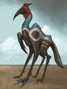 an illustration of a strange looking bird in the middle of a desert area with grass and dirt