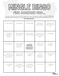 a printable game for kids to play with the words,'mingle bingo find