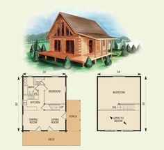 the floor plan for a small log cabin with loft and living quarters, including an attached bedroom