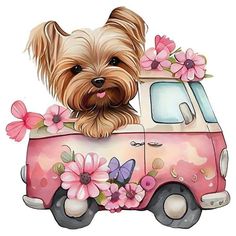 a dog is sitting in the back of a pink van with flowers on it's roof