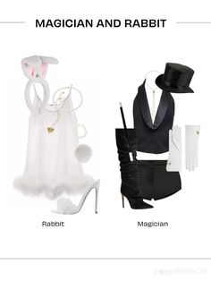 the costume is white and has rabbit ears on it, with black pants and high heeled shoes