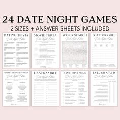 the printable wedding game is shown in black and white with text that reads, 24 date night games