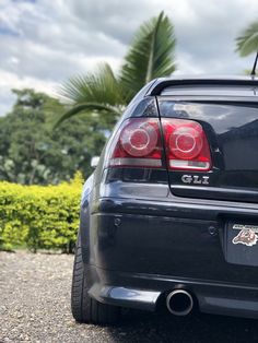 the back end of a black car parked in front of some bushes and palm trees