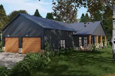 this is an artist's rendering of a modern barn style home in the woods