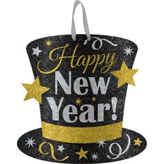 AMSCAN CA New Year Happy New Year Top Hat Hanging Sign, 1 Count Happy New Year Signs, New Years Hat, New Year's Party Decorations, An Nou Fericit, New Years Eve Decorations, Wooden Wall Decor, New Years Decorations, New Year Celebration, Eve Parties