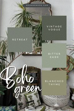 the color scheme for boho green is shown in shades of gray, white and green