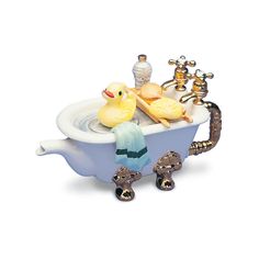 a bathtub with two rubber ducks in it