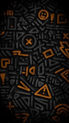 an abstract pattern with orange and black letters on it's surface, in the middle of