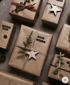 christmas presents wrapped in brown paper and tied with twine