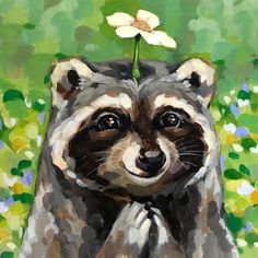 a painting of a raccoon with a flower in its mouth