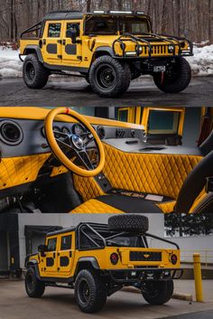 the interior and dashboard of a yellow jeep