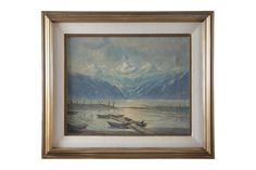 an oil painting on canvas of boats in the water with mountains in the back ground