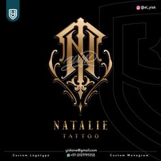 the logo for natalie tattoo, which is gold and black with an ornate design on it