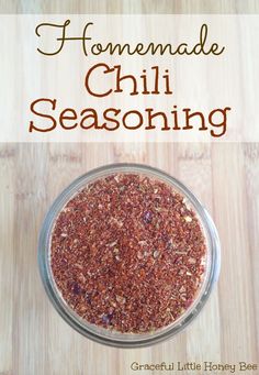 homemade chili seasoning in a glass bowl with text overlay that reads homemade chili seasoning