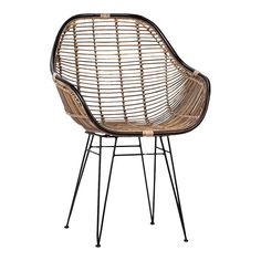 the rattan chair with metal legs is shown in brown and black color, on a white background