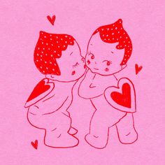 a drawing of two children hugging each other with hearts around them on a pink background