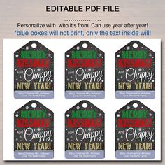 christmas gift tags with the words merry new year and happy new year written on them