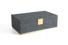 a gray box with gold handles on a white background