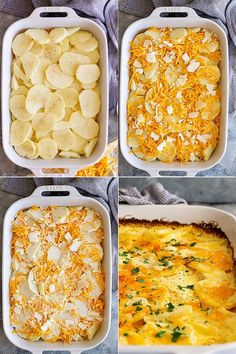 four images show different stages of making an entree in casserole dishes with potatoes and cheese