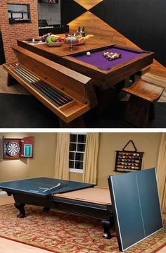 a pool table that is in the middle of a living room and on top of an entertainment center