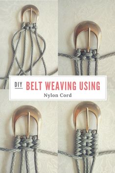 four images of how to tie a belt weaving using nylon cord