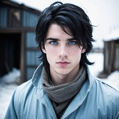 Guy With Black Hair Blue Eyes, Black Hair Blue Eyes Men Art, Black Hair And Blue Eyes Boy, Blue Eyes Black Hair Guy, Black Hair Blue Eyes Men, Men Wearing Makeup, Black Hair Blue Eyes, Blue Eyed Men, Hair Inspiration Short