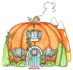 a drawing of a house with a pumpkin on top