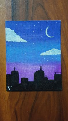 an acrylic painting of a city at night with the moon in the sky