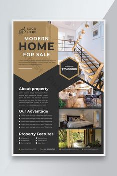 a real estate flyer is shown in black and gold with the words modern home for sale