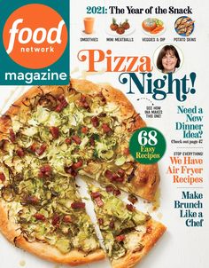 the cover of food network magazine with a slice taken out of it's pizza