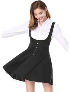 PRICES MAY VARY. Above Knee, Button Decor Front, Flared Hem, Non-Slip Straps, Stretchy Fabric, Unlined. Pair the swing jumper dress with simple cute t-shirt and fashionable boots for your inspired style. Occasion: Halloween, Christmas, Festival, Saint Patrick's Day, Shopping, Coffee Shop, Party, Dating, School, Prom, Weekend Gathering, Holiday Outfit, Vacation, Beach, Daily Wear, Casual etc. Regular Fit, Machine Wash Cold with Like Color Model Body Size: Height: 5'6", Chest: 32 1/4 inches, Waist Kawaii Overalls, Suspenders Skirt, Cute Overalls, Button Decor, Style Kawaii, Suspender Skirt, Suspender Dress, Pinafore Dress, Knee Dress