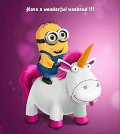 a minion riding on the back of a white horse with pink mane and eye glasses