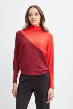 The asymmetric color blocking & mock neck add to the architectural appeal of this relaxed fit sweater. Designed with dolman sleeves & a rib stitch, we love the look and feel of this ultra-soft butter yarn sweater.     T-Tahari Mock Neck Rib Asymmetric Colorblock Sweater    52% Viscose, 28% Polyester, 20% Nylon    Runs true to Size    Model is 5'9" and wearing size S    Dry Clean Only    Imported    Style #: THF49014 Yarn Sweater, Red Tomato, Elie Tahari, Color Block Sweater, Pair Of Pants, Fitted Sweater, Dolman Sleeve, Sweater Coats, Jacket Sale