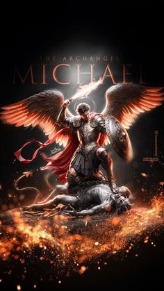 an angel sitting on top of a lion next to a fire filled sky with the words michael