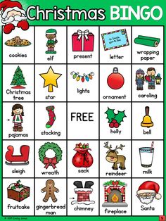 christmas bingo game with pictures and words to help kids learn how to use the word