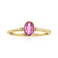 Ross-Simons - .60ct Pink Topaz Ring, Diamond Accents in 14kt Yellow Gold. Size 7. RS Pure. Modern designs that complete your outfit and complement your personality. Pretty and pink, this dainty ring presents a .60 carat oval pink topaz gem with twinkling diamond accents at each side. Set in polished 14kt yellow gold, this simple style is perfect to wear solo or stacked with other minimalist favorites. 1/4" wide. Pink topaz ring. Fine Jewelry Pink Topaz Ring With Gemstone Accents, Pink Topaz Ring With Gemstone Accents, Pink Diamond Ring With Birthstone For Formal Occasions, Pink 14k Gold Rings With Diamond Accents, Pink Ring Aesthetic, Pink Gem Ring, Pink Topaz Ring, Pink Gem, Ring With Diamond