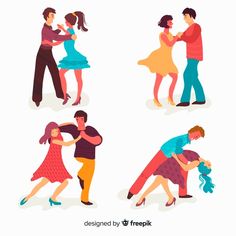 four people dancing together in different poses