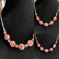 Getting ready for the Holidays.  Add some fun colors to your Holidays! These gorgeous and fun Candy Cane Necklaces, were created with a specific purpose in mind:  to be beautiful and classy. This gorgeous necklace will last you a lifetime.    There are three options for the necklace and matching earrings come with the necklace.  They are string with: * 15mm round candy cane beads, 8mm crystal glass bicone AB accented with red rhinestones and finished with a silver cable chain with a lobster clasp or **15mm round candy cane beads, 8mm red glass bicone accented with green rhinestones and finished with a silver cable chain with a lobster clasp or 15mm round candy cane beads, 8mm red glass bicone accented with clear rhinestones and finished with a silver cable chain with a lobster clasp They m Holiday Necklace, Candy Jewelry, Christmas Necklace, Best Candy, Holiday Earring, Red Rhinestone, Glass Necklace, Red Glass, Gorgeous Necklaces