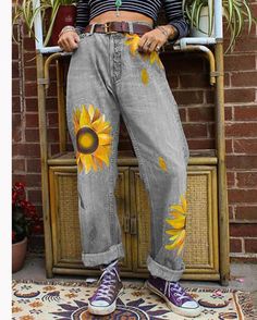 Printed Denim Pants, Retro Streetwear, Denim Pants Women, Hem Blouse, Elegant Casual, Irregular Hem