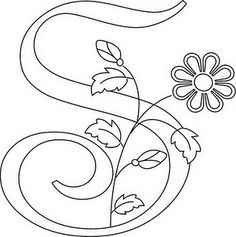 the letter s with flowers and leaves on it is outlined in black and white ink