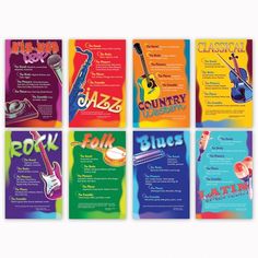 six different colored flyers with guitars and music instruments on them, all in different colors