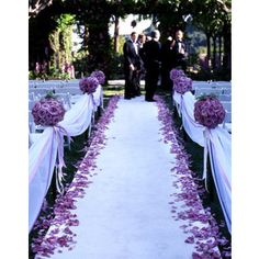 an image of a wedding aisle with purple flowers on it and people standing in the background